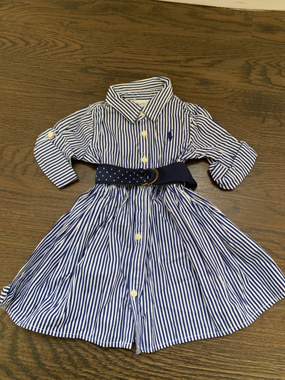Ralph Lauren Navy and White Stripe Shirt Dress with Navy Belt & bloomers